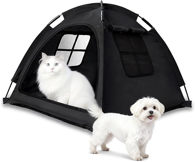 Anti-Anxiety Open Pet Tent, Calming Hideaway Monitoring Bed for Cats & Small Dogs, Breathable Mesh, Tool-Free Setup, Indoor Outdoor Travel, Black