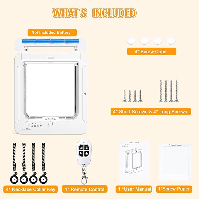 Smart Cat Door with 4 Collar Sensor Key, RFID Cat Door Collar Activated with Remote Control, 4 Way Locking Cat Flap Automatic Pet Door Interior & Exterior(White)