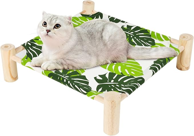 Patas Lague Cat and Dog Hammock Bed for Small Dogs, Brethable Wooden Cat Pet Rabbit Elevated Cooling Outdoor Bed Cots Furniture for Summer Monstera Leaf