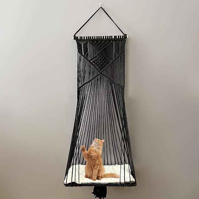 Macrame Cat Hammock - Hanging Cat Swing Bed for Indoor Sleeping, Playing, Climbing, and Lounging (Black)