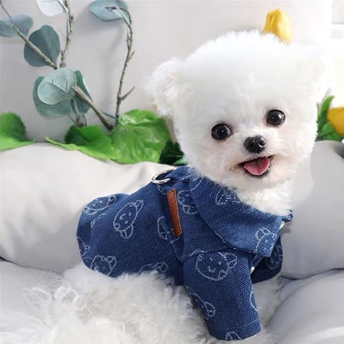 Unisex Pet Denim Shirt for Cats & Small Dogs, Soft Washed Denim, Collared Button Down with Back D-Ring, Breathable Cotton, Spring/Summer/Fall (X-Small, Shirt-Dark Blue with Bear)