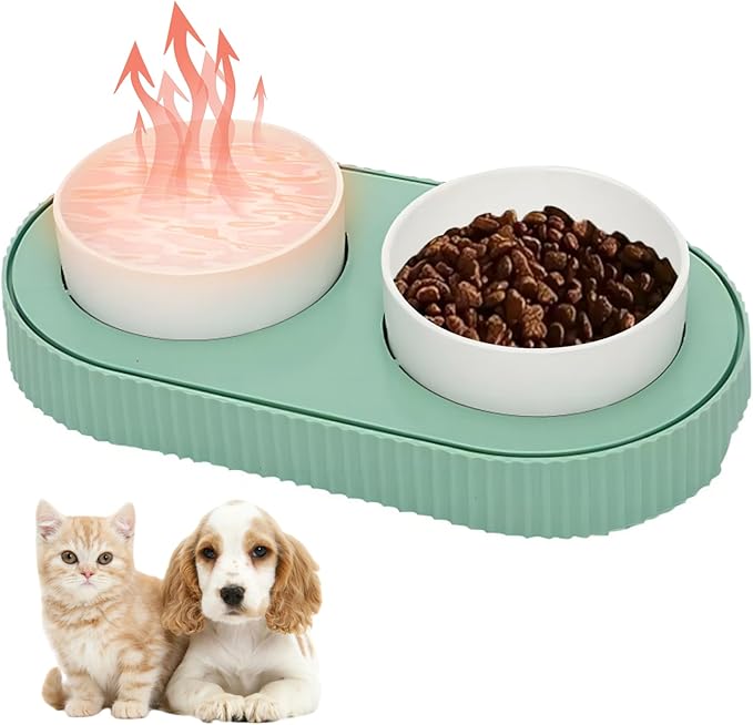 Heated Cat Bowl,Thermostatic Raised Cat Bowl, Double Cat Food Bowls, USB Heated Dog Bowl Ceramic Cat Water Bowl for Feral Cat Feeding Station Provide Non Freezing Water in Winter