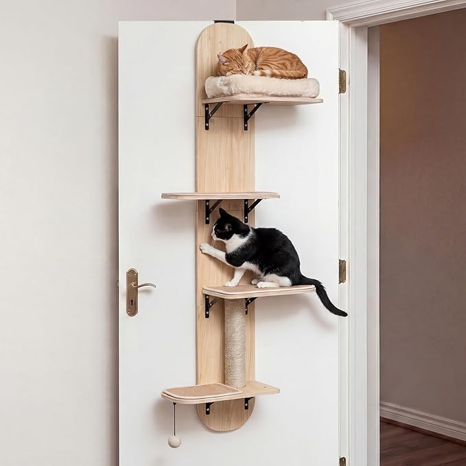 PETSITE Door Mounted Cat Tree, 58.5-61.5 Inches Height Adjustable Hanging Cat Climber with Scratching Post, Detachable Scratching Mats, and Comfy Plush Cat Bed (Natural)