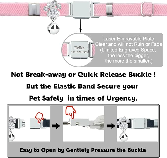 Personalized Safety Elastic Cat Collars with Bell,Laser Customized Stretch Kitten Collars for Girls Boys Cats-Pink