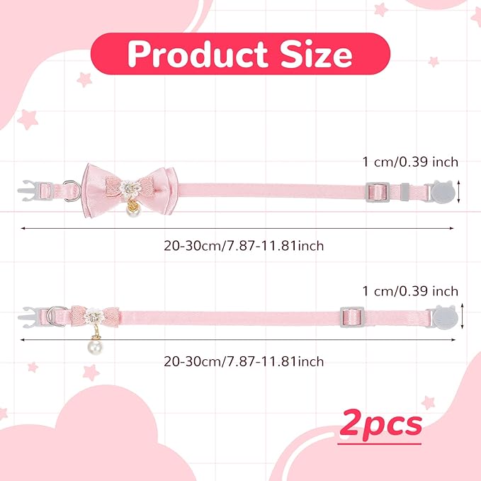 cobee 2 Pcs Breakaway Cat Collar, Adorable Cat Collar with Bowtie Bell Adjustable Kitten Collars Pink Cats Collars Breakaway SafetyCollar for Girl Cats