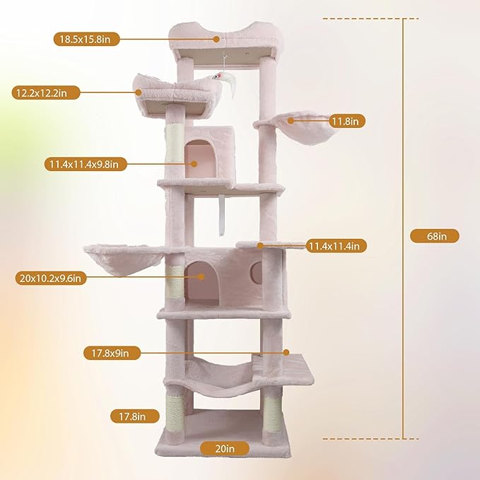 71" Flower Cute Cat Tree for Indoor Cats Large Adult, Tall Cat Tower with Scratching Post & Condo, Hammock, Aesthetic Cats Stand, Modern, Easy Assembly (Pink, 68" Tall)