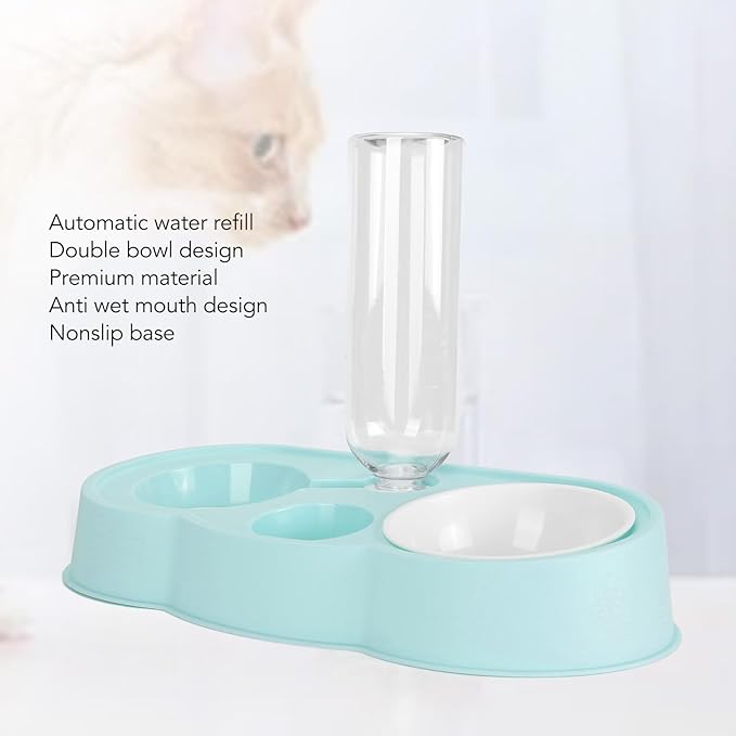 Double Pet Bowl Set, Non - Slip Stable 2-in-1 Food & Water Bowl with Automatic Water Dispenser Bottle, Feeding Station for Cats, Small Dogs and Mini Pets (Blue)