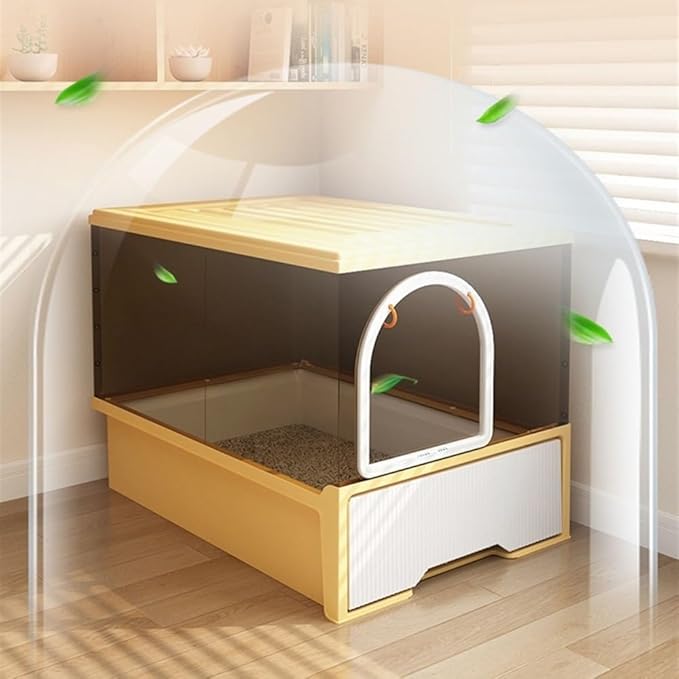 Pet Supplies, Hooded Cat Litter Box with Lid & Scoop, Front & Top Entry, Easy Clean(Yellow)