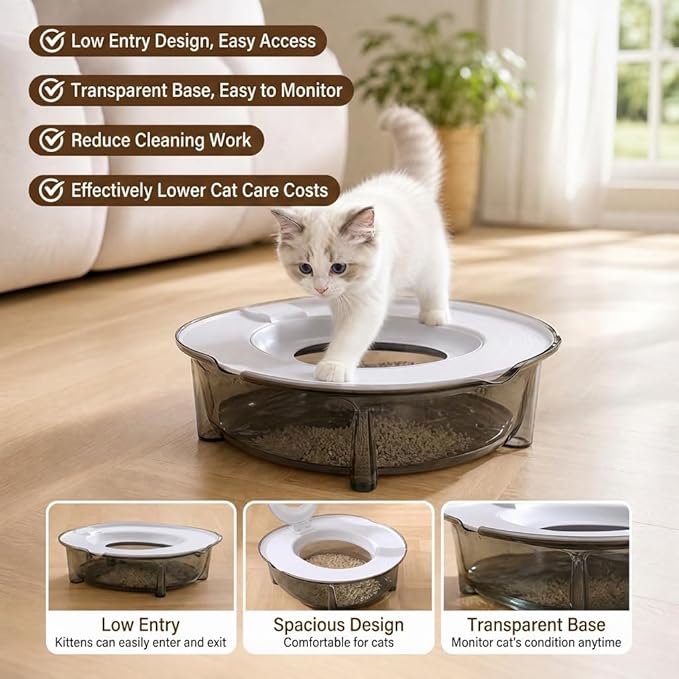 Cat Potty Training Kit for Indoor Cats, Portable Cat Toilet with Raised Anti-Splash Edge, Easy Clean Thickened PP Litter Box for Small and Medium Cats (Grey)