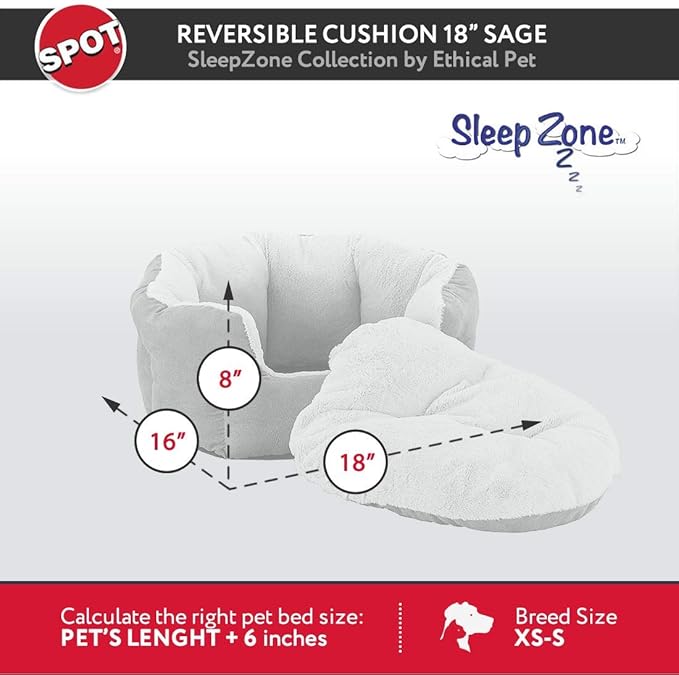 SPOT Sleep Zone Small Pet Bed - High Wall, Reversible Cushion Bed for Indoor Cats & Small Dogs, Durable Faux Suede, Machine Washable for Pets Under 10lbs and 15 inches Long - 18x16in, Sage Green
