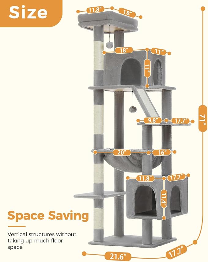 MUTTROS 71" Tall Cat Tree for Large Cat 20 lbs with Super Large Hammock, Heavy Duty Cat Tower with 4 Sisal Scratching Posts & 2 Spacious Condos for Big Adult Cats Maine Coon-Grey