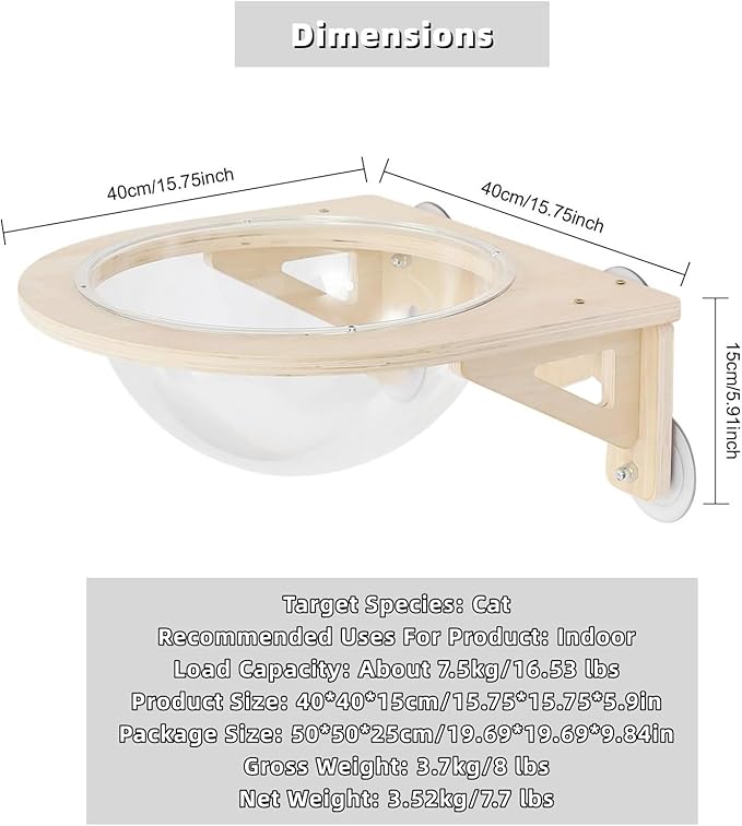 Clear Cat House, Wall-Mounted Wooden Cat Space Capsule Cat Bed Kitten Walls Shelves for Sleeping Playing Climbing and Lounging, Easily Holds Up to 16.5 Lbs, Cat Furniture for Indoor