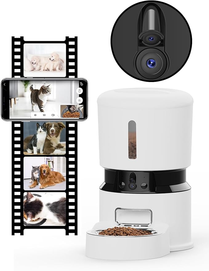 MIETUBL Automatic Cat Feeder with 2 Cameras 1080P HD with Night Vision Pet Food Dispenser Two-Way Voice and Audio Dog Smart WiFi Dog & Cat Feeder Programmable Schedule Slow Bowl White