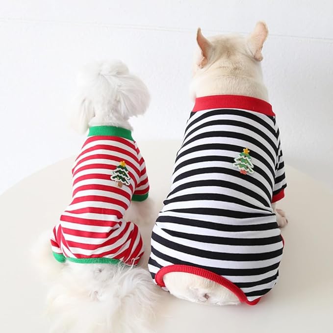 Hdwk&Hped Soft Cotton Dog Pajamas for All Seasons, Striped Solid Pet Bottoming Jumpsuit for Small Dog Cat Puppy 3 Styles (Christmas Style 2-Pack, #1)