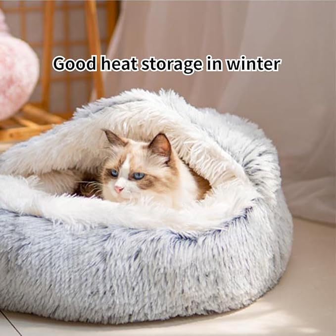Cat Bed, Plush Hooded Cat Beds for Indoor Cats, Calming & Self Warming Cat Bed Cave, Cozy for Indoor Cat or Small Dog Bed, Removable & Washable with Non-Slip Bottom (Blue,Medium)