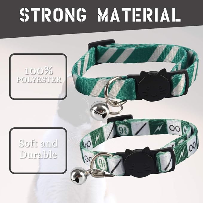 2PCS Halloween Cat Collar Safely Breakaway Magic Stripe Pattern Adjustable Kitty Collars with Cute Bell for Cats Kitten (Green)