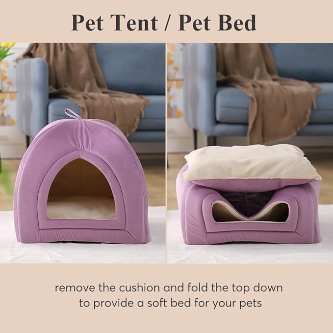 KASENTEX Cat Bed for Indoor Cats, 2-in-1 Cat House Pet Supplies for Kitten and Small Cat or Dog - Animal Cave, Cat Tent with Removable Washable Pillow Cushion (Purple 15x15x15)