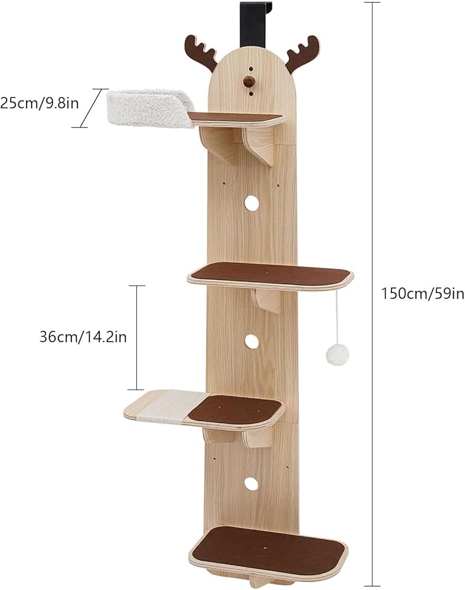 Door Hanging Cat Tree,4-Tier Door Mounted Cat Climbing Frame,Cats Tree Hanger Mounted Cats Shelves,Wooden Cat Ladder,Pet Jump Shelf for Stair,Foyer,Living Room,Enclosed Balcony