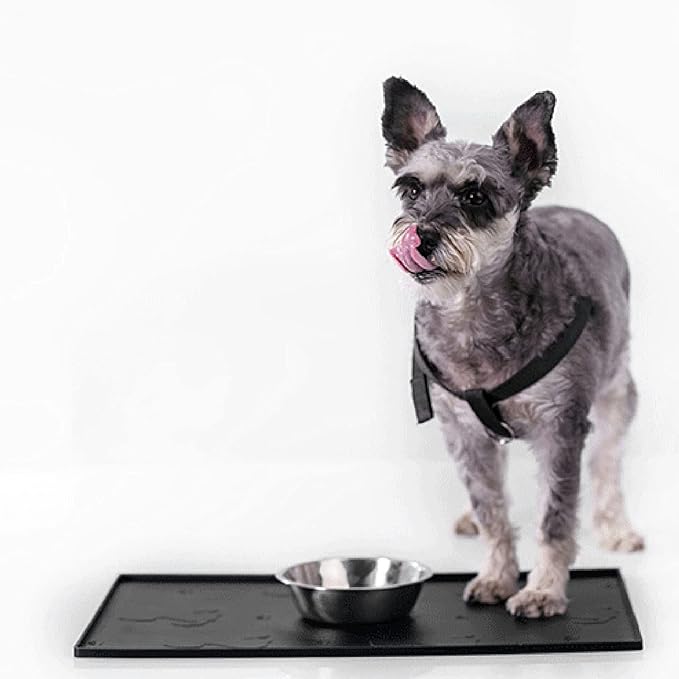Dog Feeding Mat, Waterproofed Cat Food Mats, Anti Slip Silicone Cat Dog Food Mat for Messy Drinkers to Protect Floors (Black)