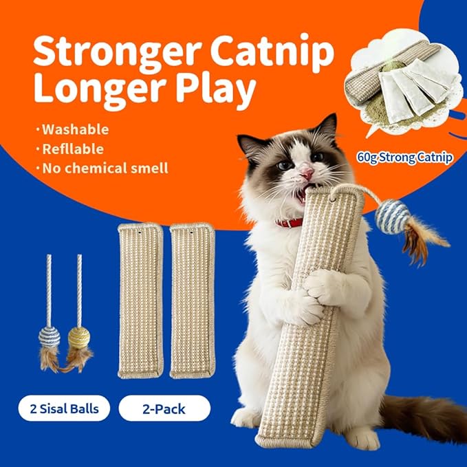 (2-Pack) Yesibeike Refillable Catnip Kicker Toy Kits, Washable Sisal Cover, 60g Catnip Pouch Each, Two Sisal Balls, Side Holes for DIY Teasers, Reinforced Stitching, Natural Odor Free Materials