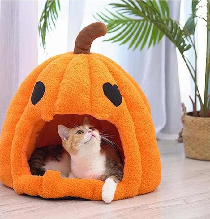 Cute Pumpkin Cat Bed for Indoor Cats，Pumpkin Shape Cat House with Removable Washable Cushioned Pillow，Cat Cave Bed Cat Tent for Puppy and Kitten (A-Orange,20 in)
