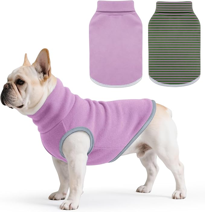 Idepet 2 Pack Striped Dog Sweater, Stretchy Dog Shirt Vest Turtleneck Pet Pullover Puppy Clothes Reflective Sweatshirt Fleece Cat Apparel (Grey Stripe + Purple, X-Large)