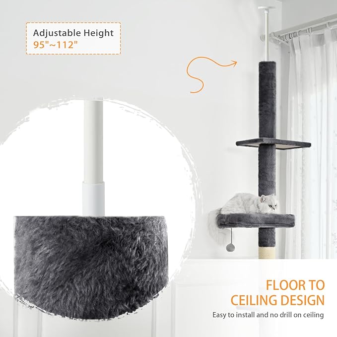 Floor to Ceiling Cat Tree, Cat Tower with Adjustable Height 98-110 Inches, 5 Tiers Tall Cat Tree Floor to Ceiling with Cozy Bed,Platforms, Sisal Scratching Posts for Cats Gray