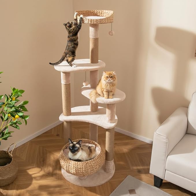 Tangkula Modern Cat Tree, 65 Inch Tall Cat Tower with Jute Scratching Posts, Dangling Balls, Cattail Basket Bed & Top Perch, Removable & Washable Cushions, Aesthetic Cat Tree for Indoor Cats