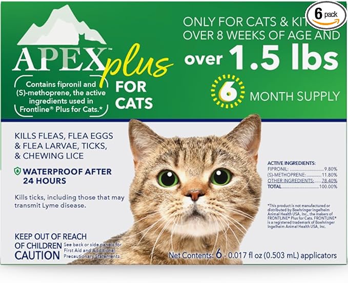Apex Plus Cat Flea and Tick Treatment | 6-Month Supply, Over 1.5 lbs | Flea Treatment for Cats & Kittens | 24-Hour Activation, Waterproof, 30-Day Protection