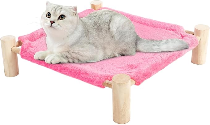 Patas Lague Cat and Dog Hammock Bed for Small Dogs, Brethable Wooden Cat Pet Rabbit Elevated Bed Cots Furniture for All Seasons Fleece Hot Pink