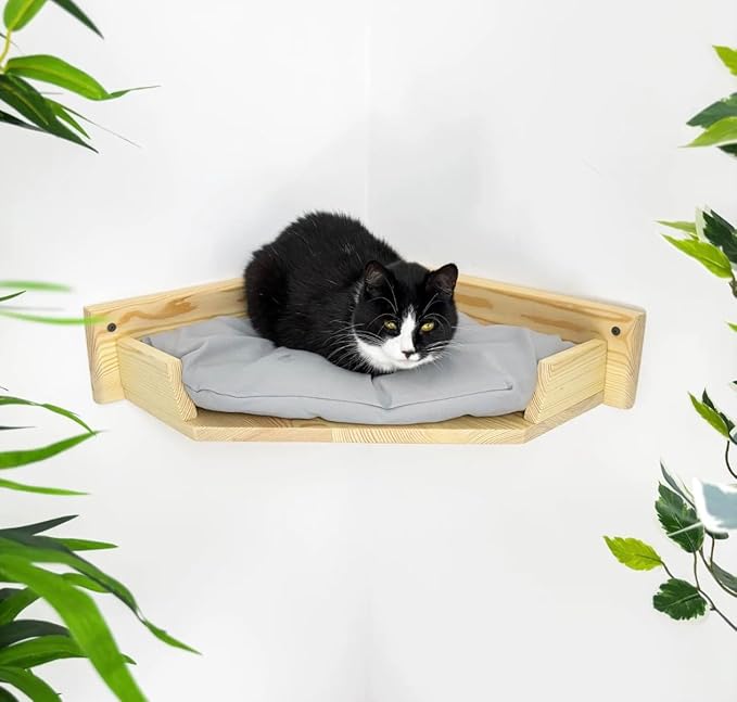 Cat Bed, Wall-Mounted Wooden Corner, Wall Furniture, Cat Corner Wall Shelf Bed with Cushion, Easy to Install (Natural, Pillow Color White)
