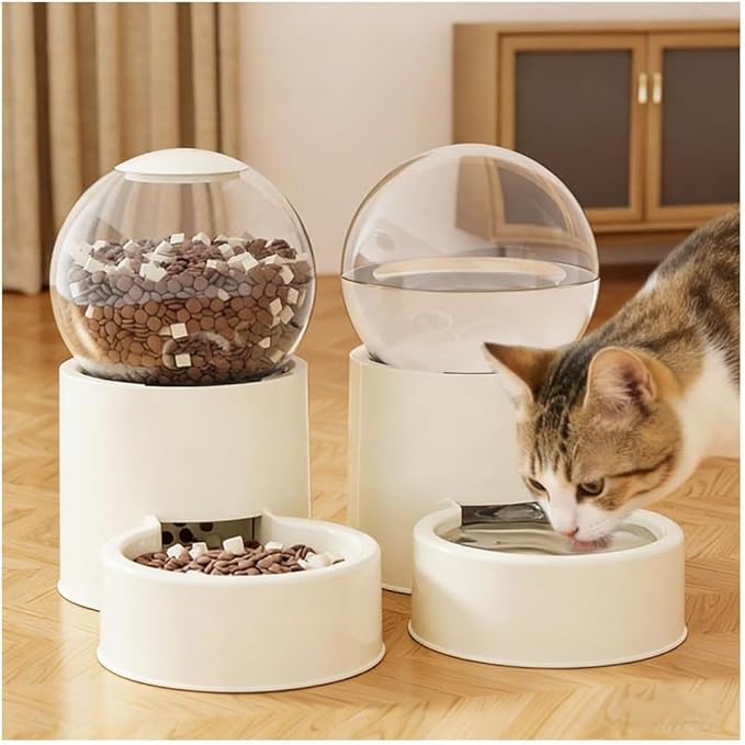 CAQ Cat Water Dispenser Automatic Pet Water Dispenser 1000 ml PP Material Cat Food and Water Dispenser Set for Cats Dogs, White