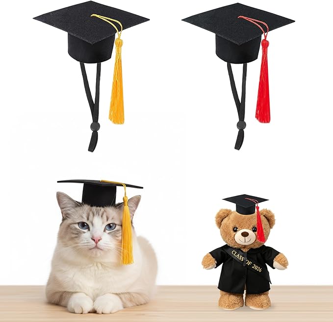 Mini Graduation Caps with Gold and Red Tassel, 2 Pack Black Mini Graduation Caps, Small Animal Bachelor Hats for Adjustable Pet Graduation Photo Props Cat Dog Holiday Costume Accessories