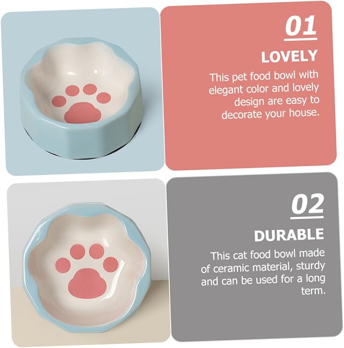 Ceramic Tilted Cat and Dog Food Bowl with Cute Animal Paw Print, Small Blue Pet Dish for Feeding and Watering, Suitable for Cats and Small Dogs