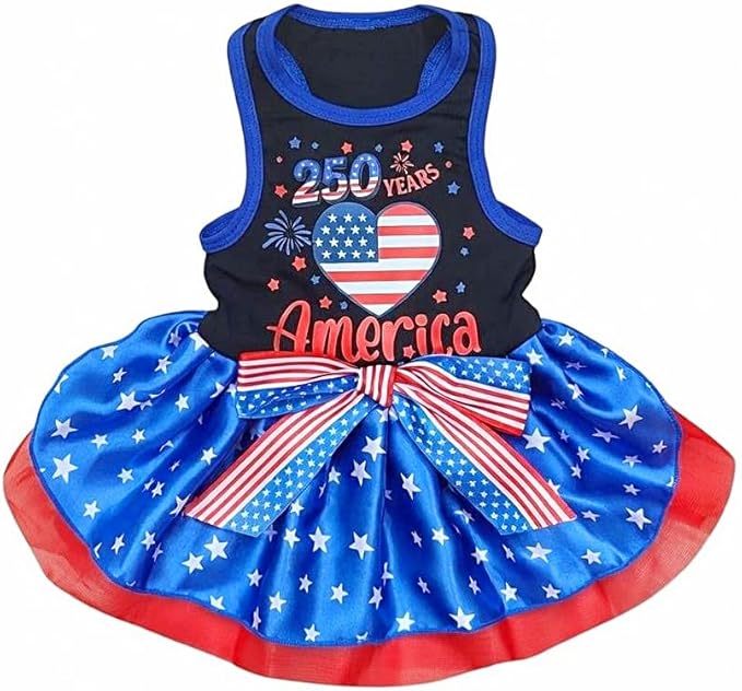 Small Dog Cat America's 250th Anniversary 4th of July Dress, Bandana & Bow Clip 3 Piece Accessories M