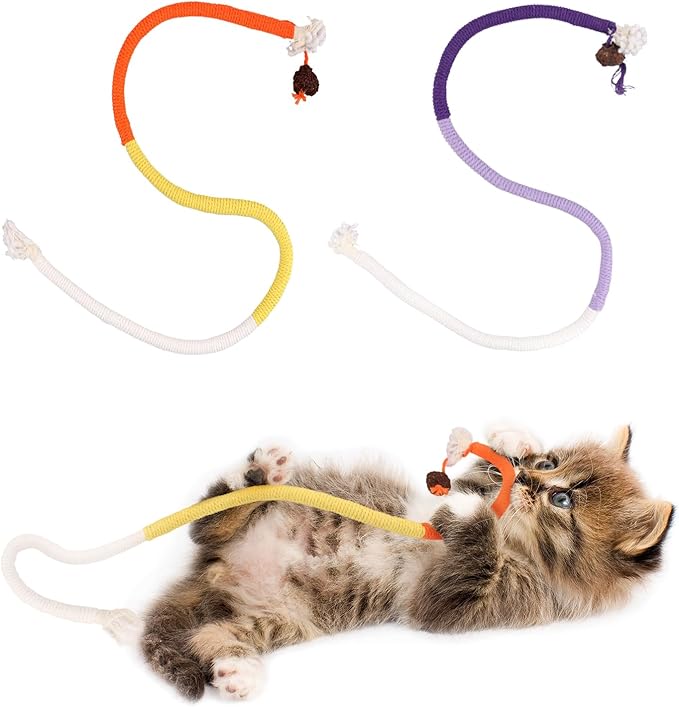 NQEUEPN 2pcs Cat Rope Chew Toys, 27.56x0.39in Premium Cotton String Chew Toy for Kitten Dental Toys Pet Goods Interactive Bite-Proof Supplies for Cats of All Ages (Purple, Orange)