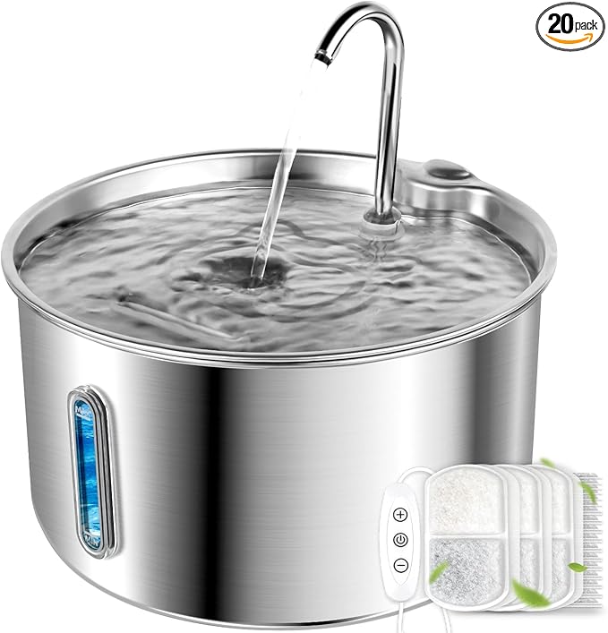 Cat Water Fountain Stainless Steel,135oz/4L,with Adjustable Pump & 3 Flow Modes, Ultra-Quiet Automatic Dog Water Dispenser with 20 Filters, Large Capacity Water Fountain for Cats,Dogs,Multiple Pets