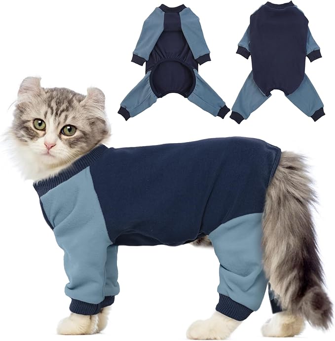 QBLEEV Sticky Hair Cat Clothes, Soft Cat Pajamas for Cats Only, Prevent Lost Fur Kitten Sweater Onesie, Stretchy Recovery Suit for Female Male Cats After Surgery Daily Wear, Blue, S