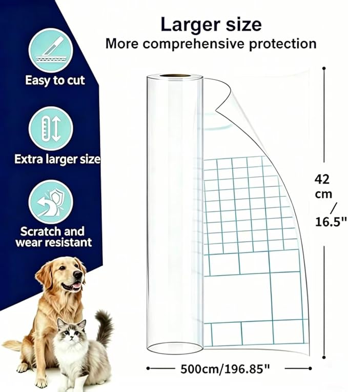 Cat Scratch Furniture Protector Clear Vinyl - 197"x16.5" Extra Large Cat Scratch Tape Roll, 2.5X Thicker Self-Adhesive Anti-Scratch Film for Leather Couch Sofa, Residue-Free