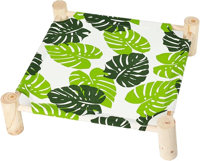 Patas Lague Cat and Dog Hammock Bed for Small Dogs, Brethable Wooden Cat Pet Rabbit Elevated Cooling Outdoor Bed Cots Furniture for Summer Monstera Leaf