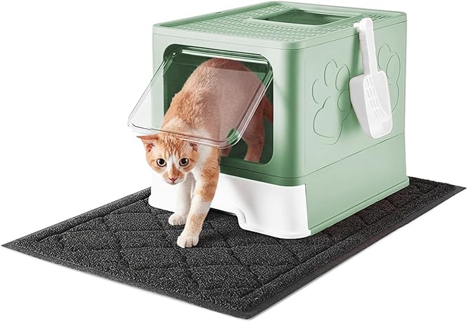 Medario Cat Litter Box with X-Large Litter Mat and Scoop, Large Covered Litter Box with Lid, Enclosed Kitty Box,Front Top Entry Exit, Odor Control Easy to Clean (Upgrade Green)