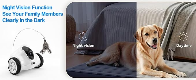 Pet Camera Indoor with Phone App, Robot Camera on Wheels, Cat and Dog Camera with Interactive Feather Toy, 2-Way Talk, Video Recording - Indoor Security & Companion