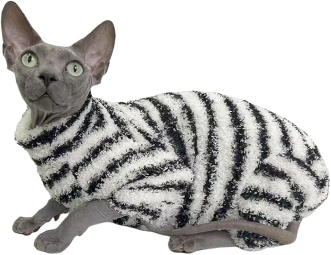 Sphynx Cat Clothes Four Leg Fleece Pajamas Super Soft Elastic Pet Clothes for Hairless Cat Surgery Recovery Suit Cat for Sphynx Devon Cornish (Black White Stripe, Medium)