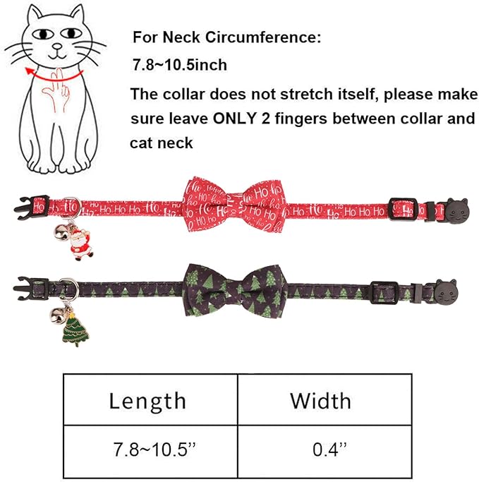 PTDECOR Christmas Cat Collars with Bow Tie Bell, 2 Pack Breakaway Kitten Collar with Removable Bowtie Christmas Tree Hoho Collar for Cats Kittens
