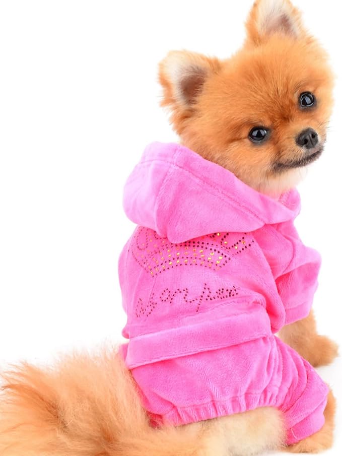 Dog Hoodies Jumpsuit for Small Dog Cat Puppy Rhinestone Crown Soft Velvet Winter Hooded Pajamas Tracksuit Outfits Sportswear Jacket with Hat Training Outdoor Pink L