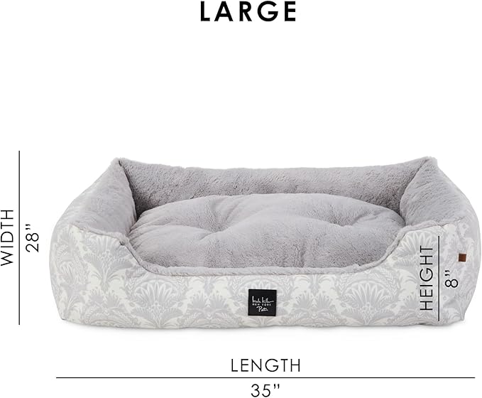 Nicole Miller NEW YORK PET Mod Damask Plushy Bolster Pet Bed, Cozy & Calming, Non-Slip Bottom, Machine Washable Cover, Grey, Large 35"x28"x8"