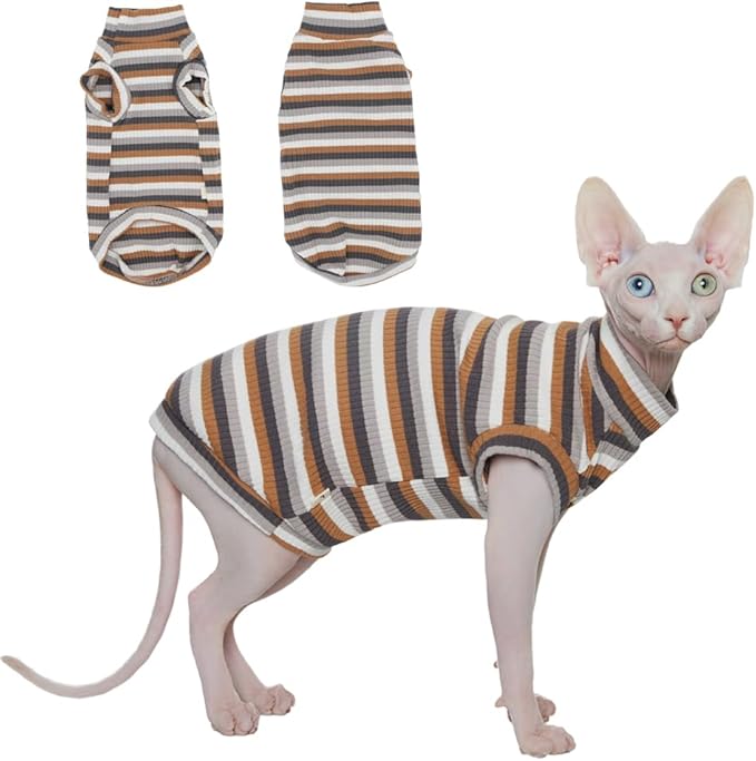 Sphynx Cat Shirt, Breathable Stretchy Cat Summer Vest, Lightweight Brown Striped Sleeveless Shirt for Hairless Cats, Soft & Comfortable Stretchy Vest for Cats and Small Dogs (Medium(3.5-5 lbs))