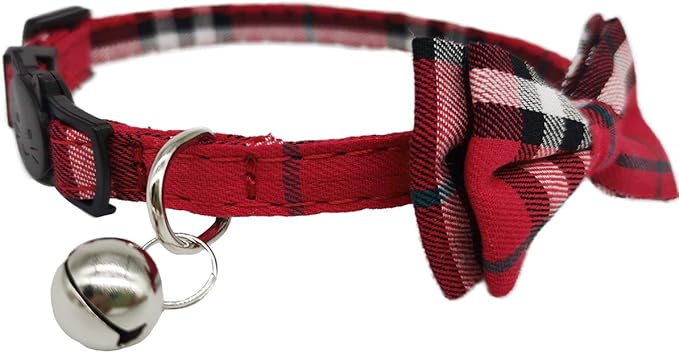 2 Pack/Set Cat Collar Breakaway with Cute Bow Tie and Bell for Kitty and Some Puppies, Adjustable from 7.8-10.5 Inch (Red+Black, Plaid)