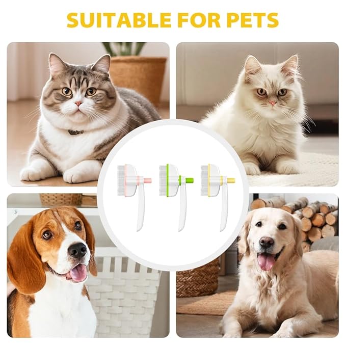 Pet Hair Removal Comb Flea Comb, Multifunctional Cat Brush with Release Button, Grooming Brush Supplies for Detangling Thinning and Shedding, All Hair Types (Yellow)