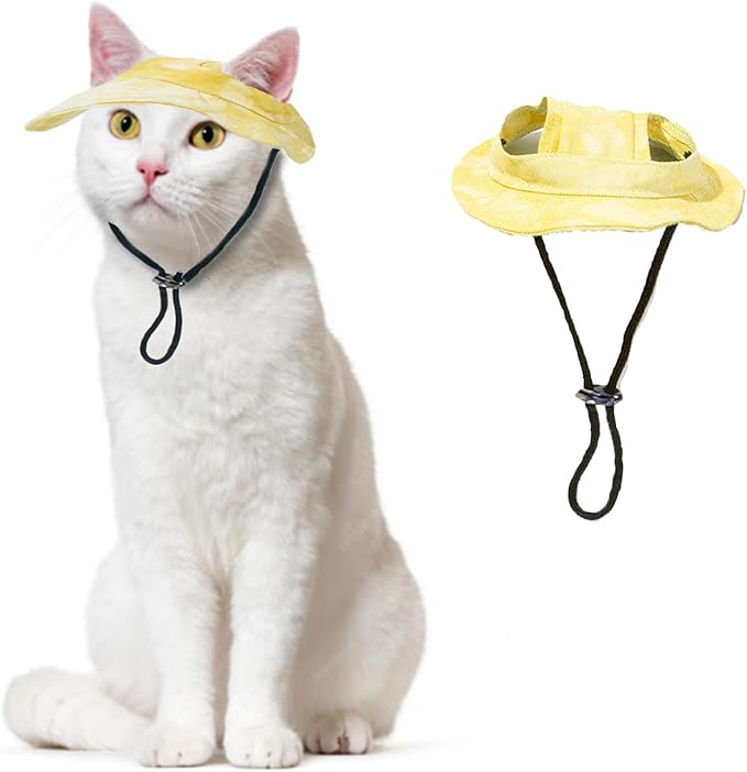 Pet Hat with Ear Holes Sunscreen Cap, Adjustable String Dog Cat Summer Sun Hat,Cat Dog Bucket Hat for Birthday Party Costume Decoration Outdoor Hiking (Yellow, Large)